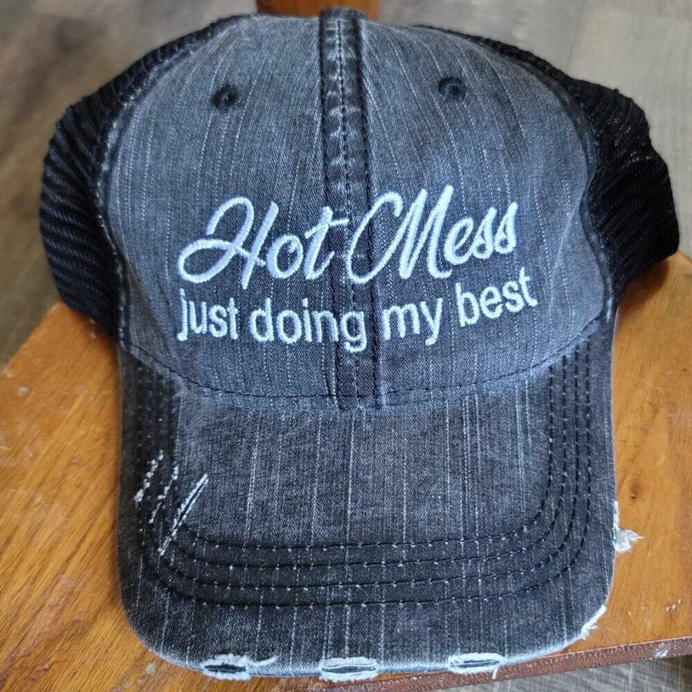 Distressed "Hot Mess Just Doing My Best" embroidered baseball hat with ponytail